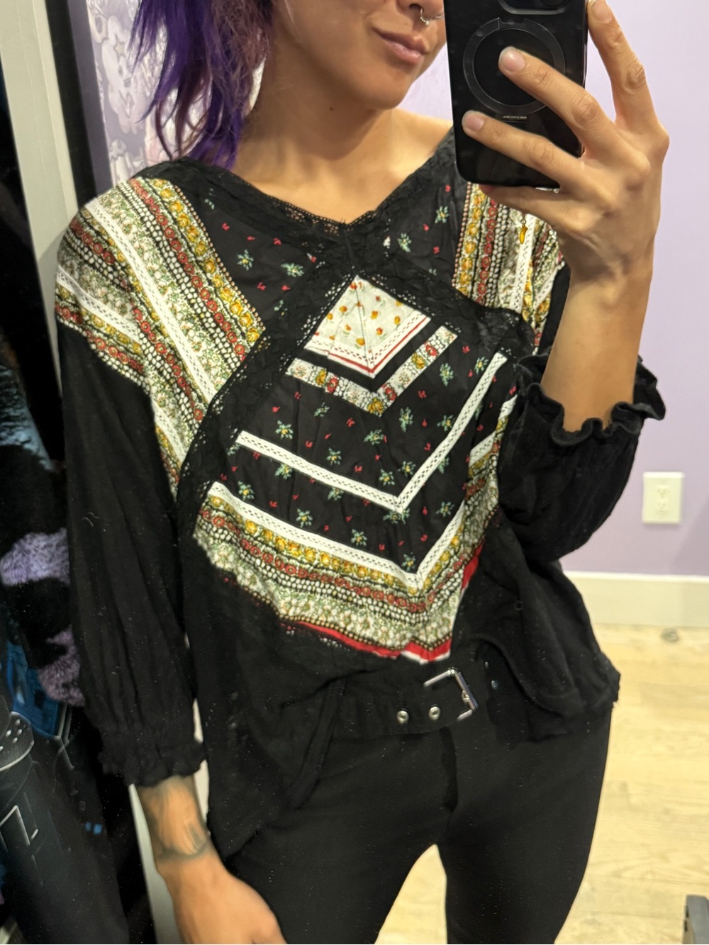 Free People Black Patchwork and Lace V-Neck 1/2 Sleeve Top